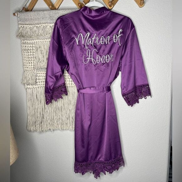 Dark Purple Plum Satin Matron of Honor Robe - Picture 1 of 5